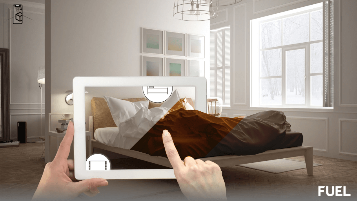 Benefits Of Augmented Reality In A Retail Environment - A Bed Being Viewed in A Room using AR on a tablet